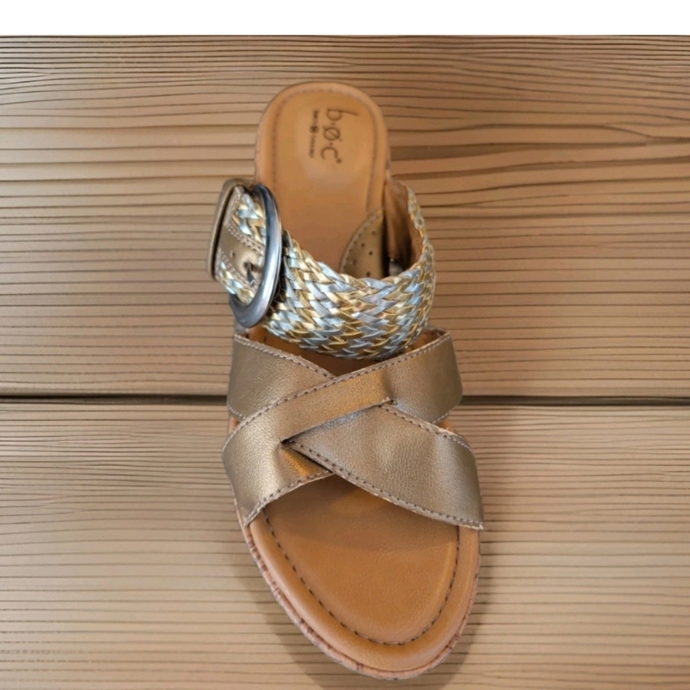 BOC Born Jonna Sunbronze Metallic Cork Wedge Sandals Size 9M Silver And Gold